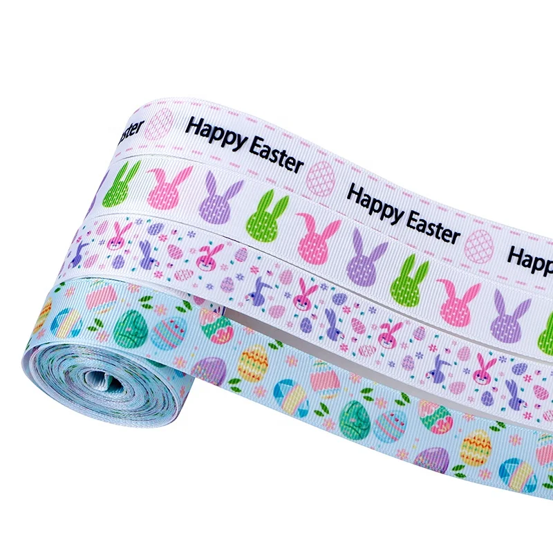 MSD Custom Spring Easter Day Bunny Egg Stripe Printed Ribbon White Solid Grosgrain Ribbon for Hair bow