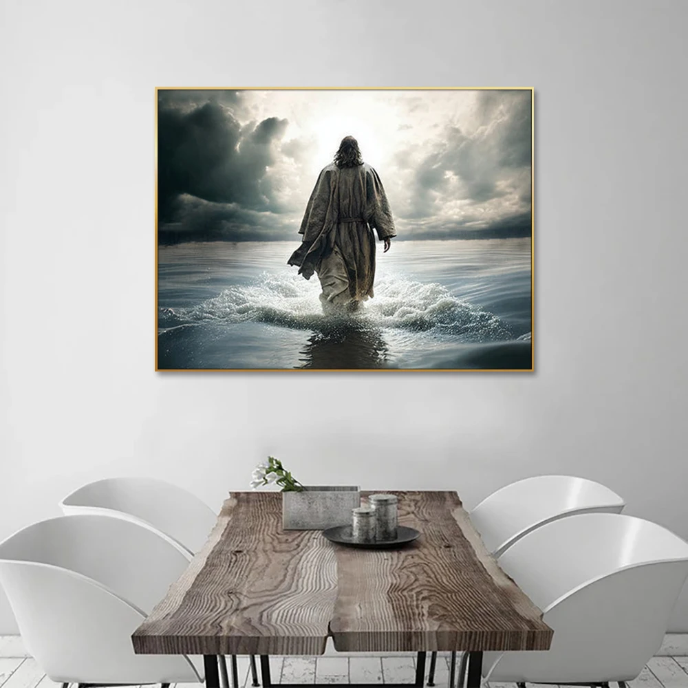 Modern Religious Home Decor Digital Download Jesus Christ Walking on Water Portrait Canvas Supported Christian Art Print