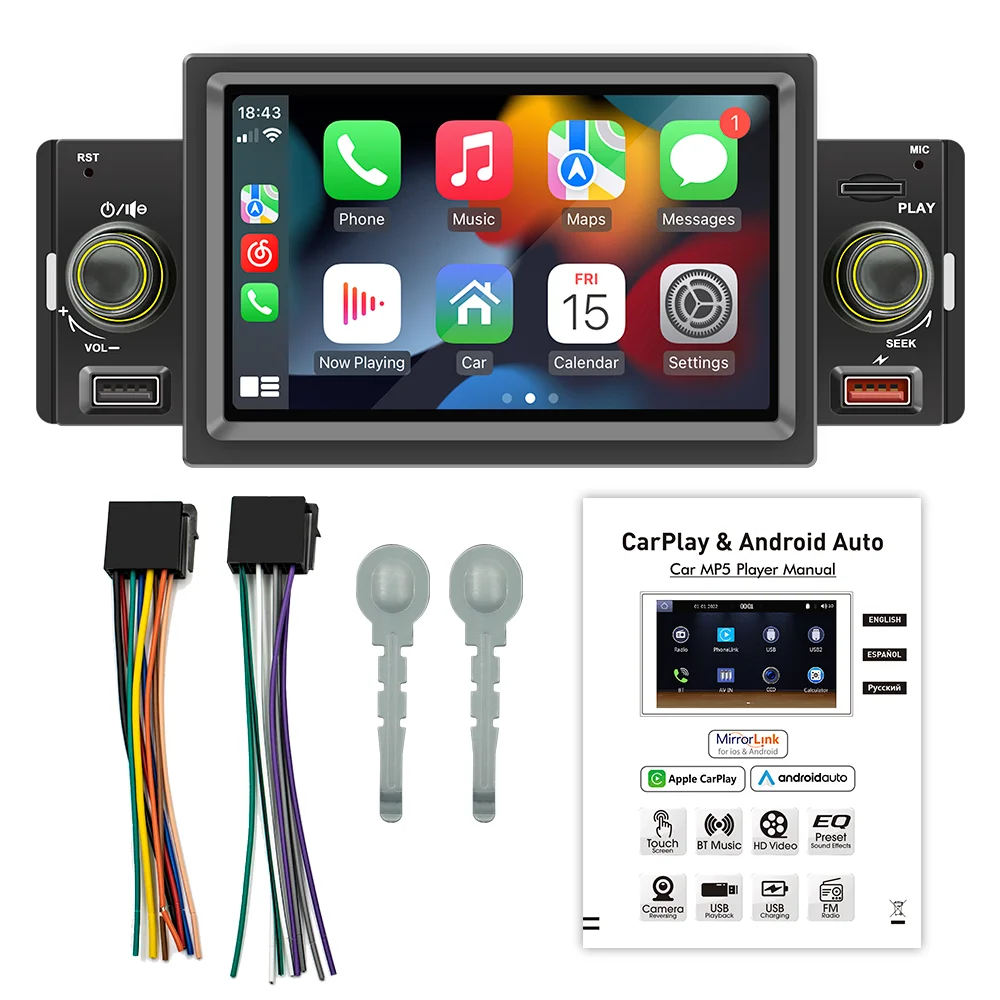5 inch Car Radio 1 Din CarPlay Android Auto Multimedia Player Car MP5 Player Car Stereo  MirrorLink FM Receiver Universal fit