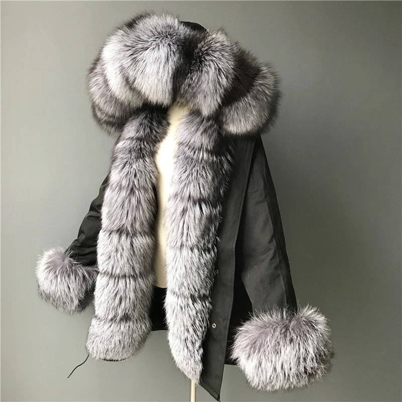 2019 Wholesale Winter Detachable Real Rex Rabbit Lining Parka Fur Hood Fur Jacket Parka Long Silver Fox Fur Parka