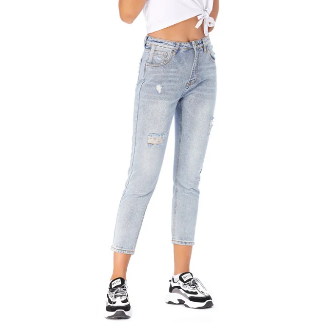 Wholesales loose jeans women spring and autumn fashion design cotton denim ripped washed trousers