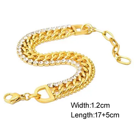 AFXSION Amazon hot Dubai gold jewelry, three-layer Cuban chain beaded chain and diamond bracelet stainless steel bracelet