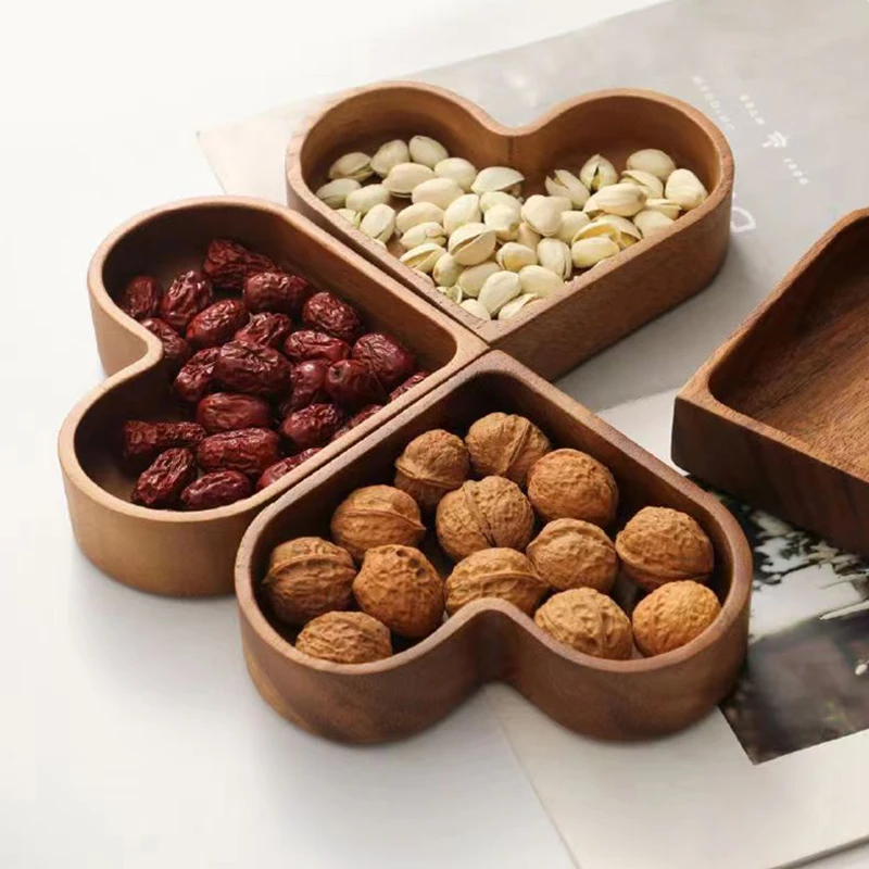 EF030 stackable  100% nature heart shape wood tray Dried fruit nuts wooden snack trays