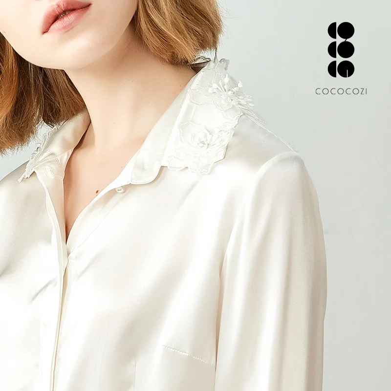 
New style lace embroidery shirt 100% silk long sleeve white silk blouses for women 