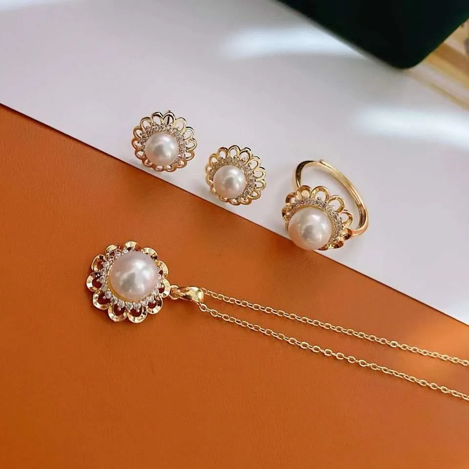 Value Sunflower Three Piece Set Freshwater Pearl Necklace Earrings Ring Set Pearl Jewelry Set Natural 7-9mm Trendy Women