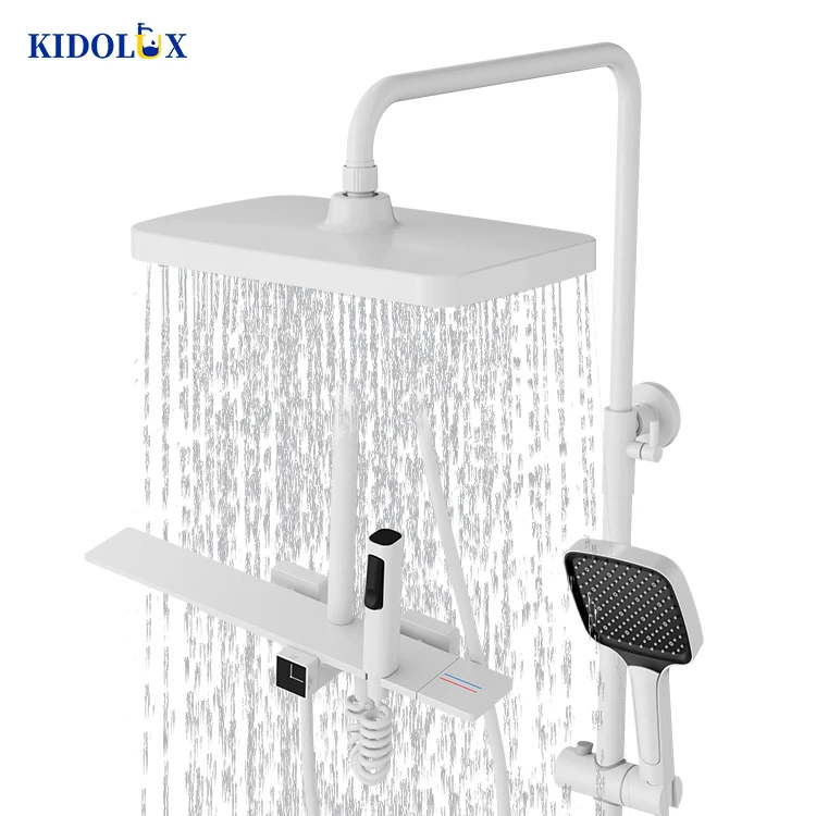 Kidoluxr Rectangular Wall Mounted White Color 4 Functions Shower Set With Shower Head And Handheld Spray Hot Cold Mixer Set