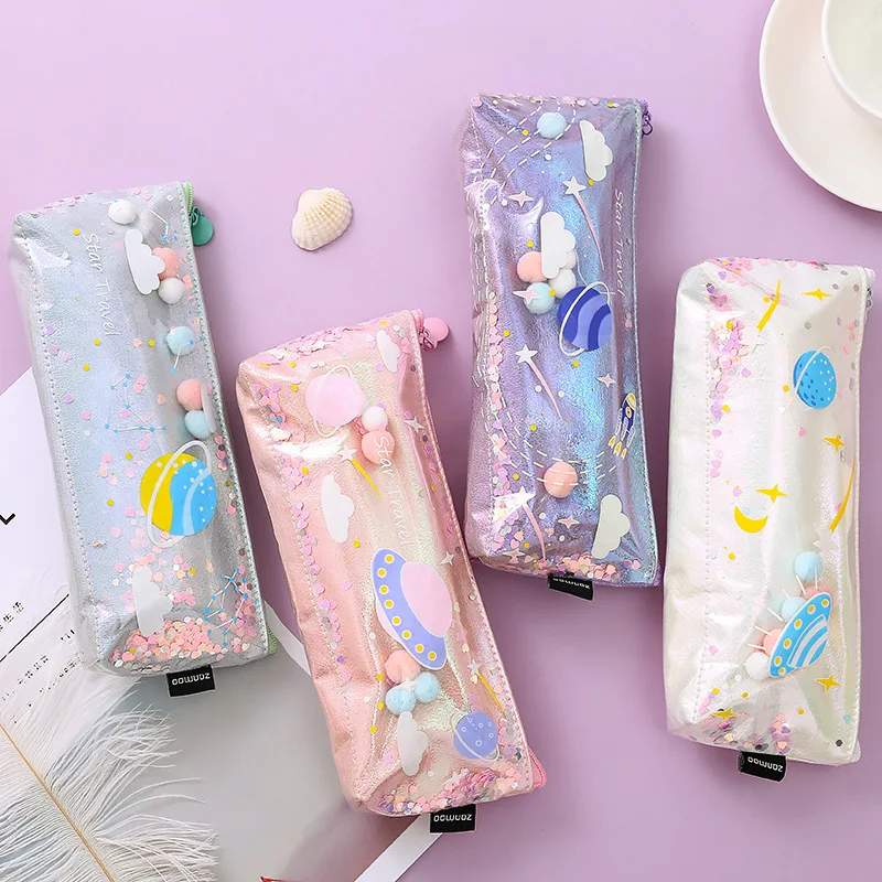 Hot Cartoon Cute Quicksand Pen Case Pencil Bag Laser Cosmetic Bag Gift Storage Bag for Children Girls Stationery