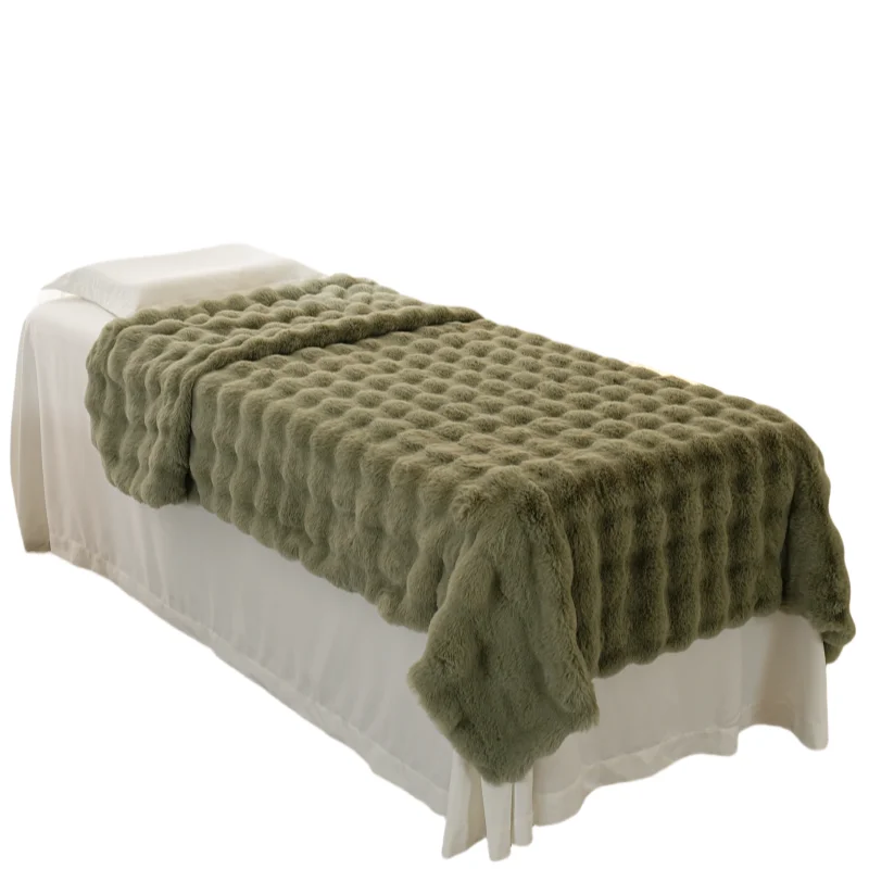 Olive green high-end faux fur blanket Fleece Blanket for Couch Checkered Throw for salon bed Cute Soft Cozy Blanket for bed