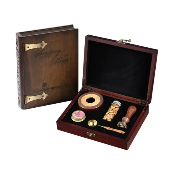 European Style Kraft Paper Color Gift Box Sealing Wax Stove 5 Gold Metal Brass Heads Heart Wax Stamp Melting Spoon Set