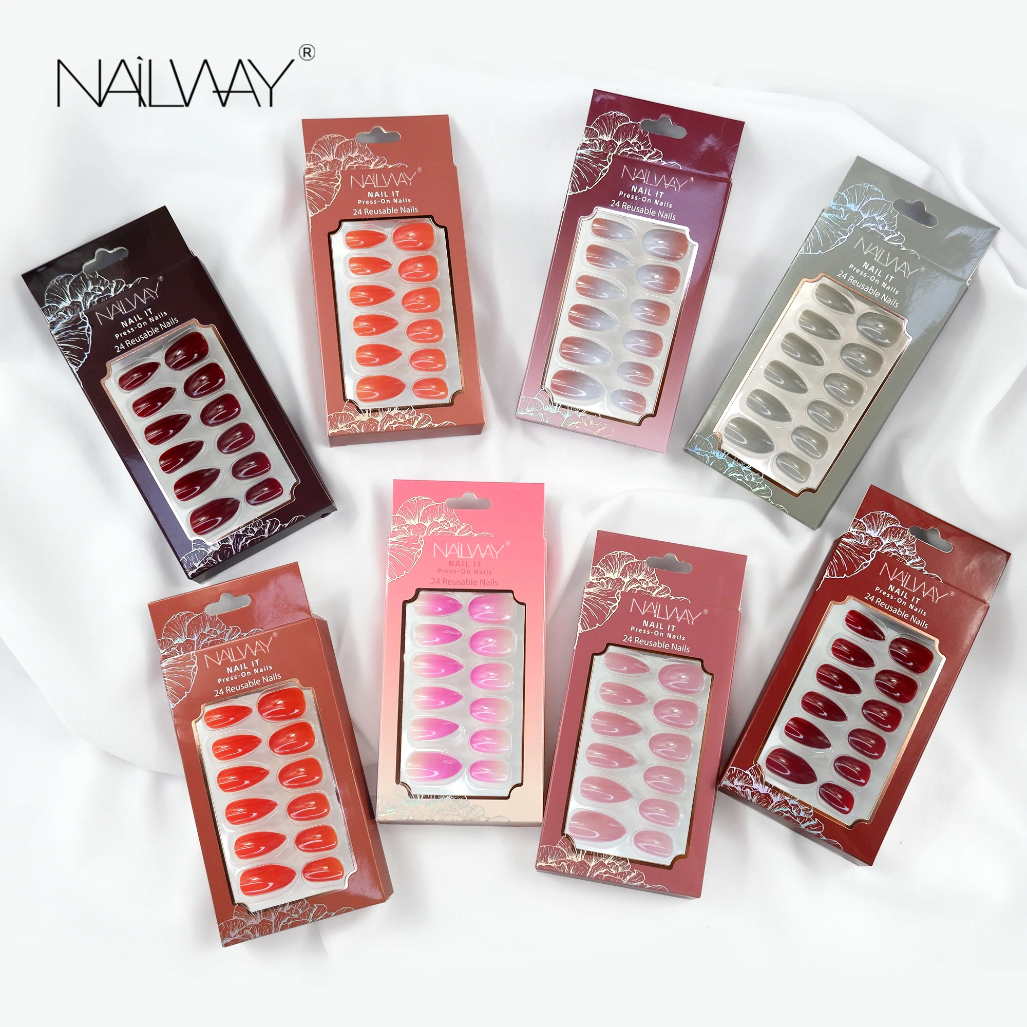 Promotion Competitive Price Pre-Glued Multiple Color Glossy Artificial Fake Nails Ombre 24Pcs Wholesale Press On Nails