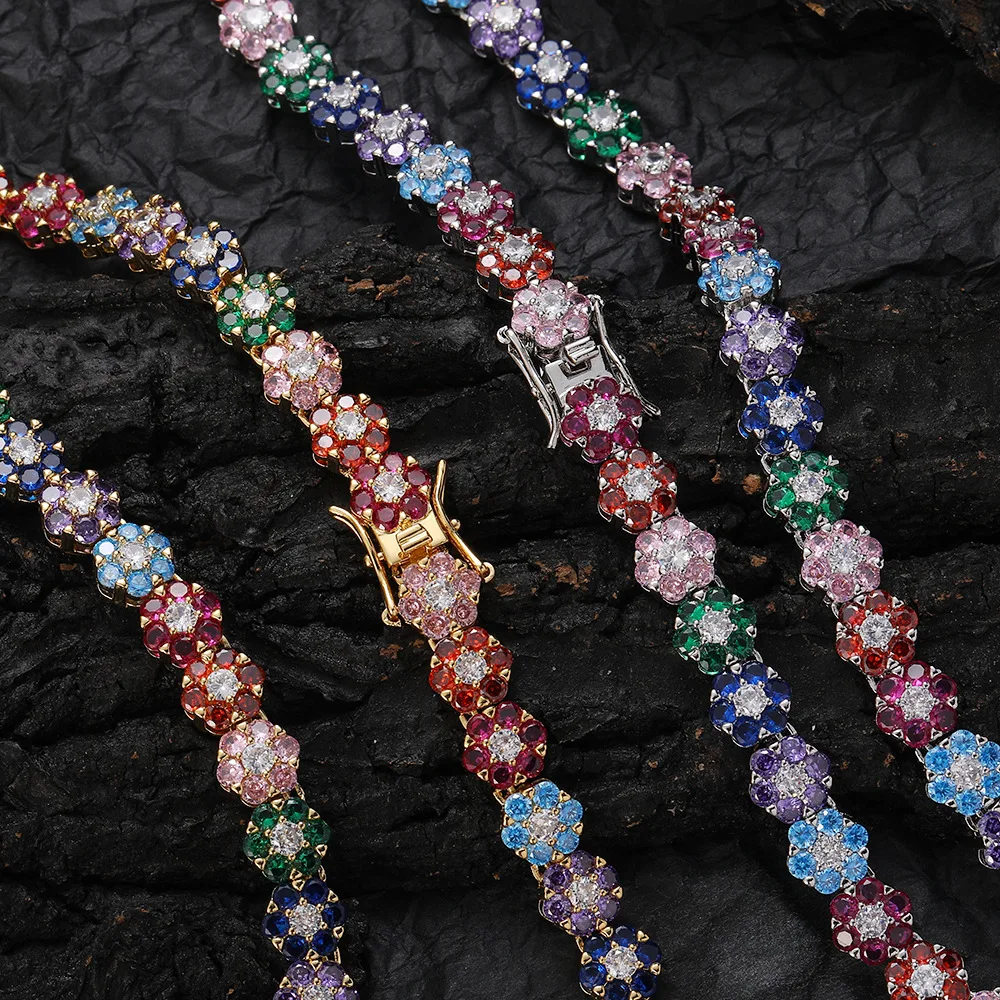 Trendy 2022 Fashion Summer Hip Hop Jewelry Iced Out Diamond Flowers Necklace Rainbow 9mm Floral Tennis Chains for Women Men
