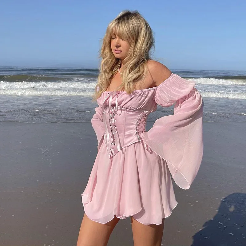 Summer Pink Long Sleeve Mesh Mini Dresses Off the Shoulder Beach Wear With Adjustable Corset Outfits Women Elegant Corset Dress