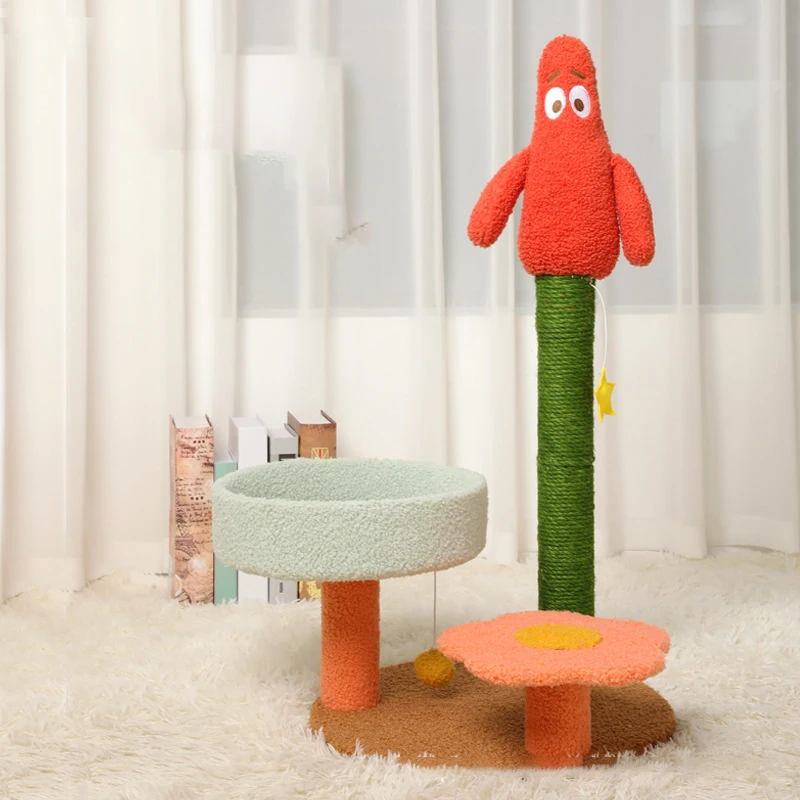 Secure Cute Design High Quality Sisal Patrick Star Cat Scratching Post Tree Tower House Of Tracks Cat Toy With Bed