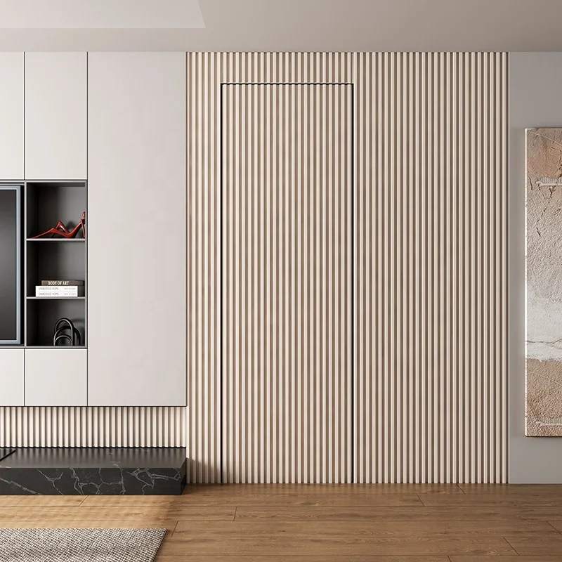 Solid wood fluted panel invisible door TV background wall one living room hidden door Flat open bedroom door