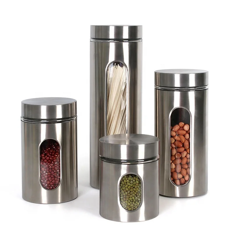 Kitchen Use Tea Coffee Sugar Pasta Wide Mouth Storage Jars Glass Stainless Steel Canister With Glass Window For Kitchen Counter