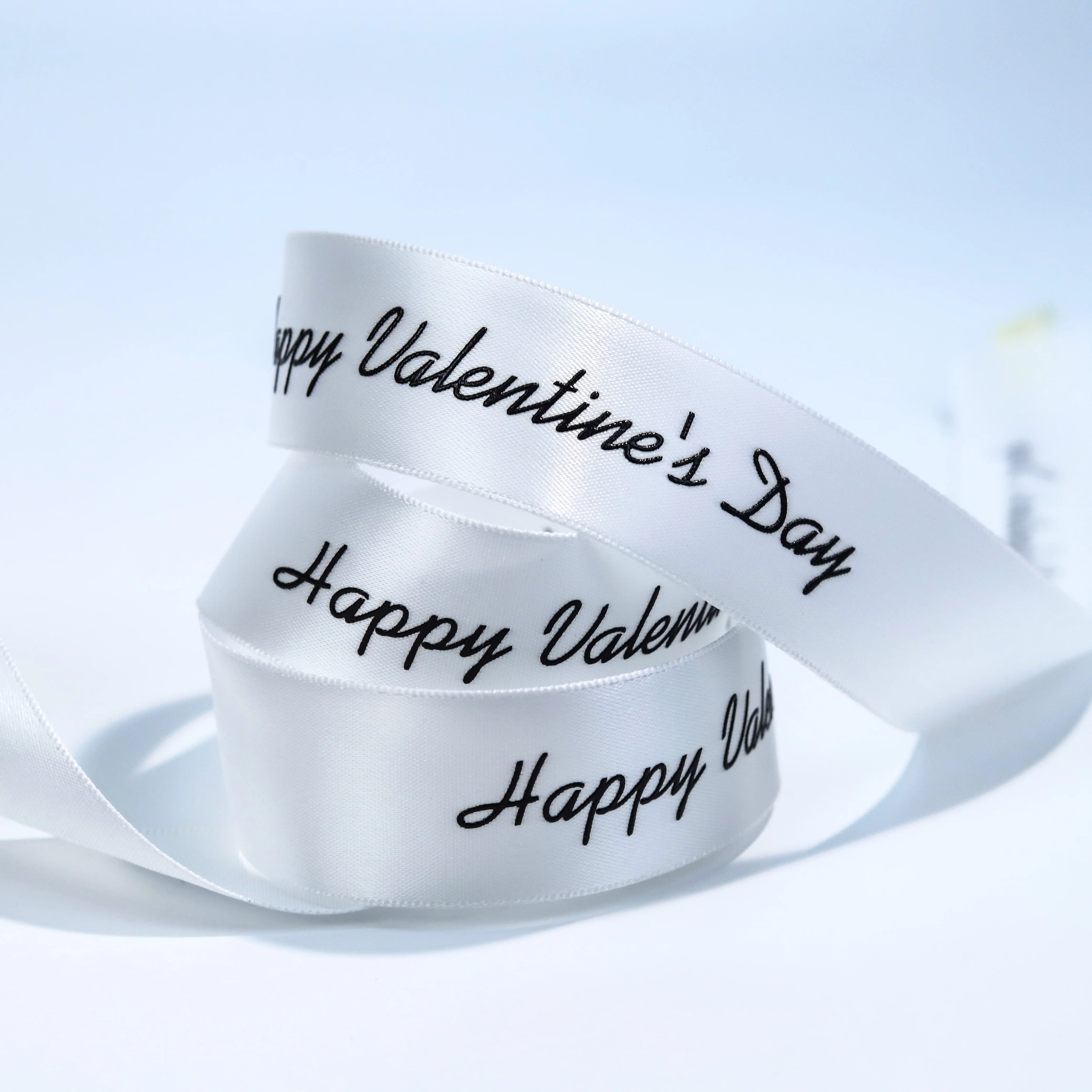 Personalized raise black logo  white satin ribbon 100 yard double face matt satin ribbon 19 mm manufacturer for package