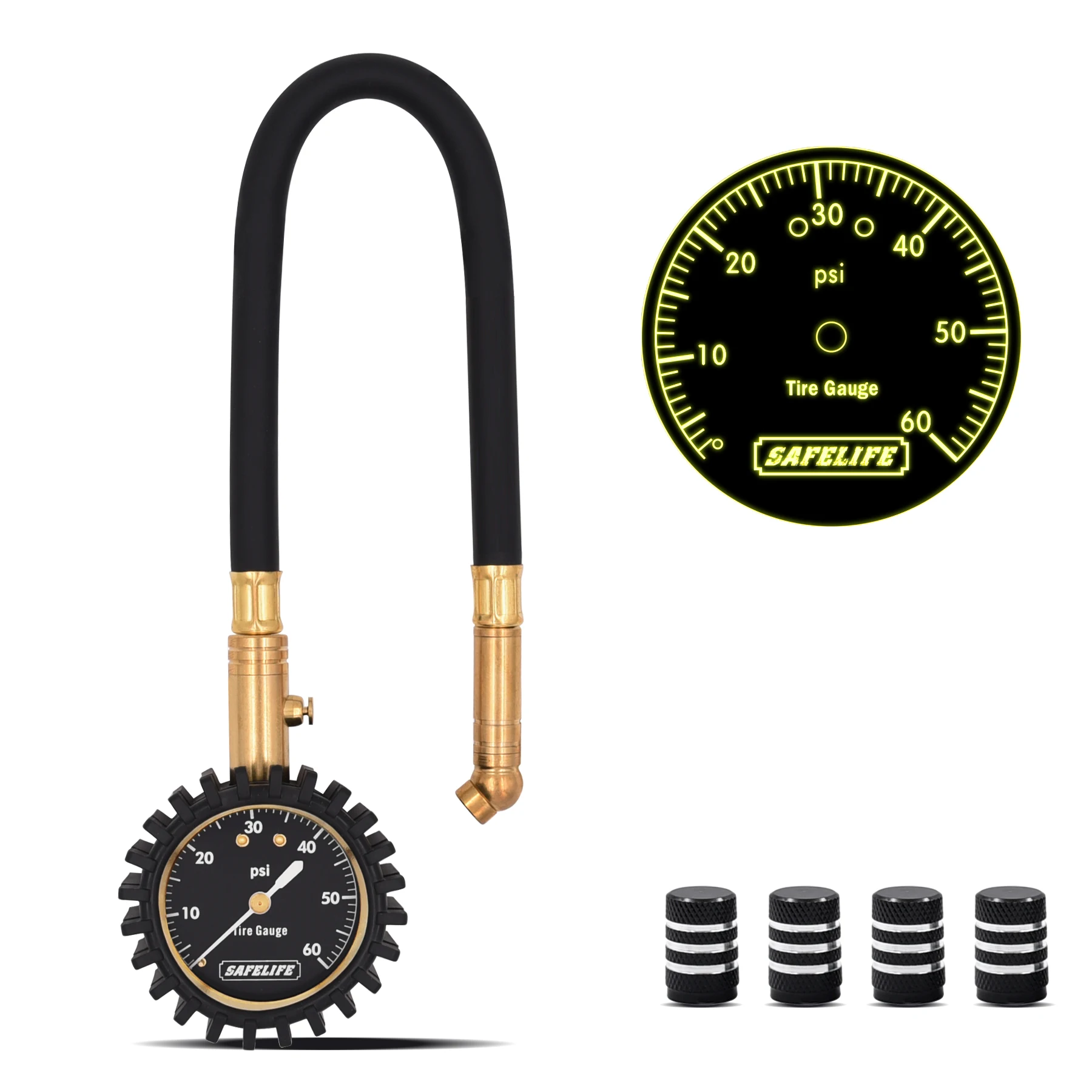 Tire Pressure Gauge, Glow Dial Gauge with Flexible Hose Air Chuck, 0-60 PSI Tire Gauge for Car Truck Bicycle Motorcycle