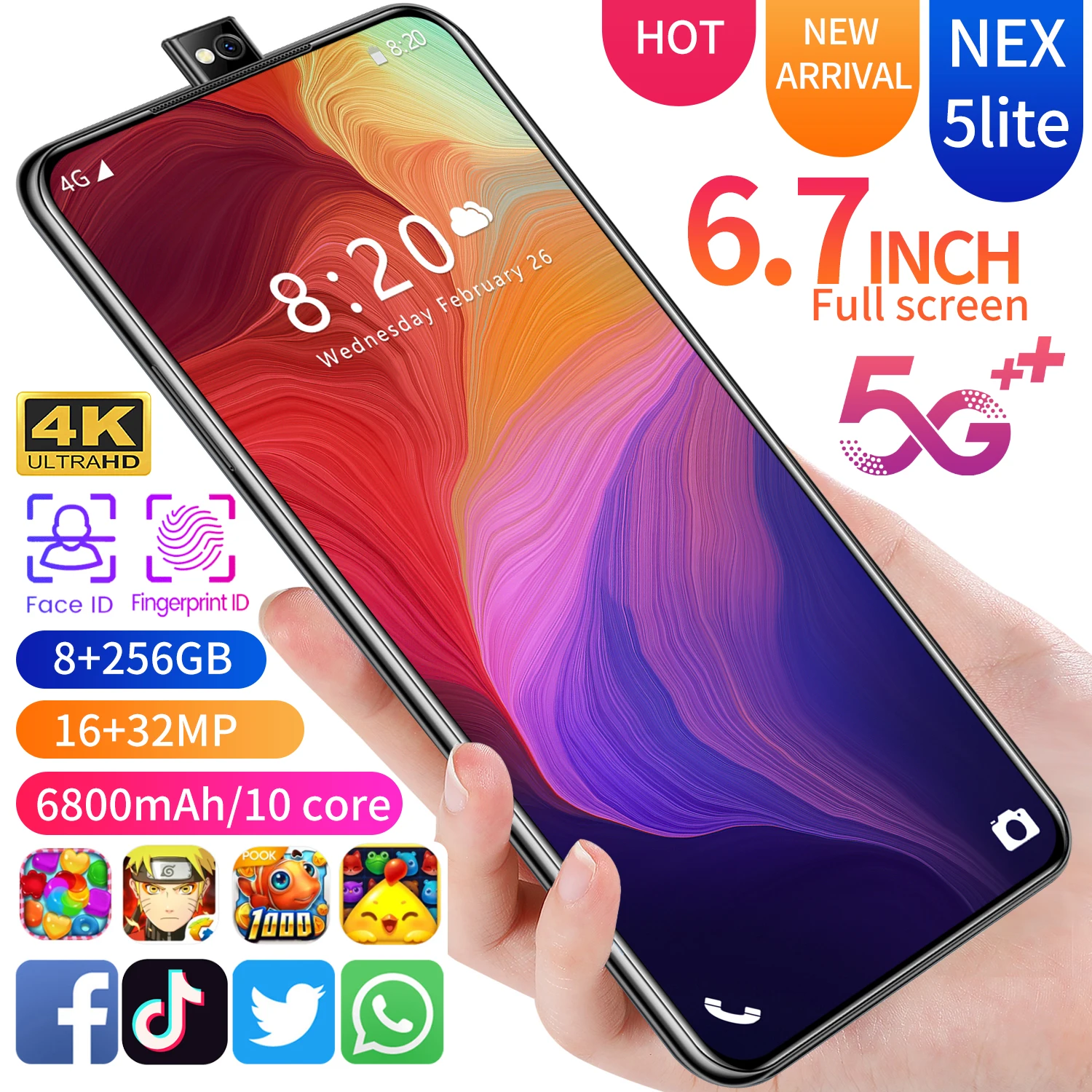 Free Sample  4G Android 10 HD Pop-up Selfie Camera 6.7 Inch 8GB+256GB SmartPhone Face iD Unlock Mobile Phone NEX 5lite Telephone