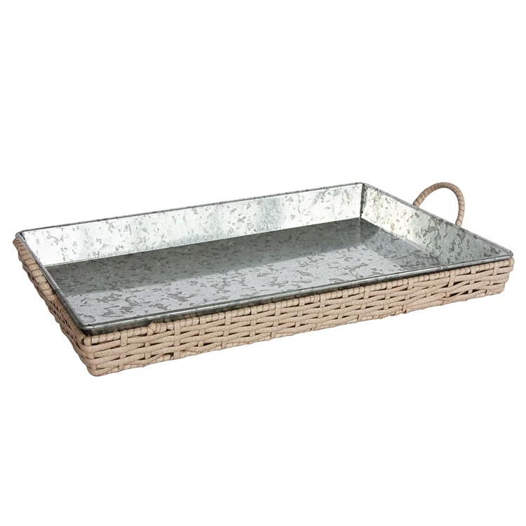 Novelty Hotel Restaurant Home Fancy Metal Trays Rattan Wooden Bamboo Tray With Metal Handles