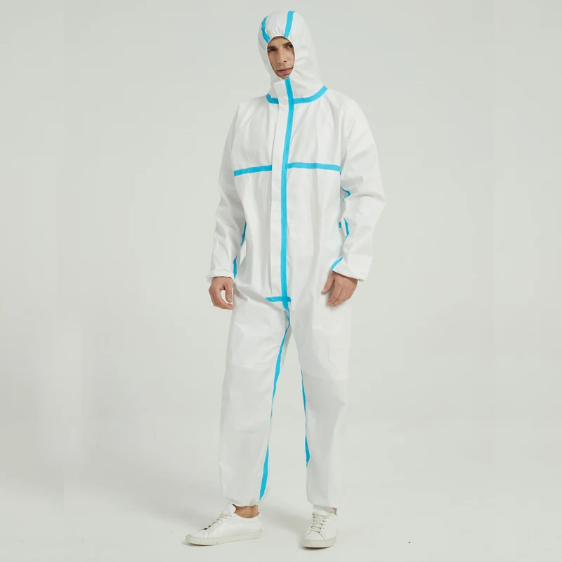 Factory Price In Stock 65 grs disposable coverall safety suit medical protective clothing Hooded blue thread waterproof