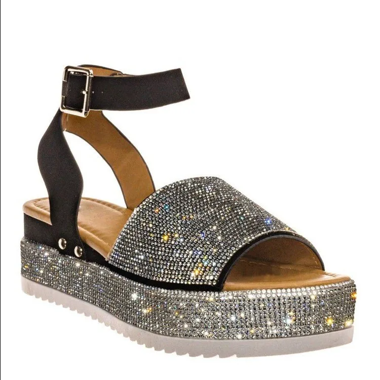 LX-220 2021 sequined beaded wide cross strap open toe thick wedge sole high heel ankle strap platform sandals for women