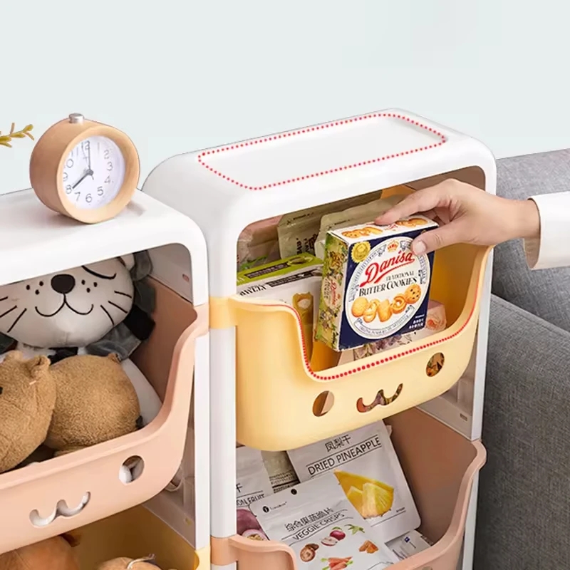China Gold Supplier Movable 1-4 Layer Cartoon Smile Toy Organizer Trolley Plastic Kids Storage Rack With Wheels