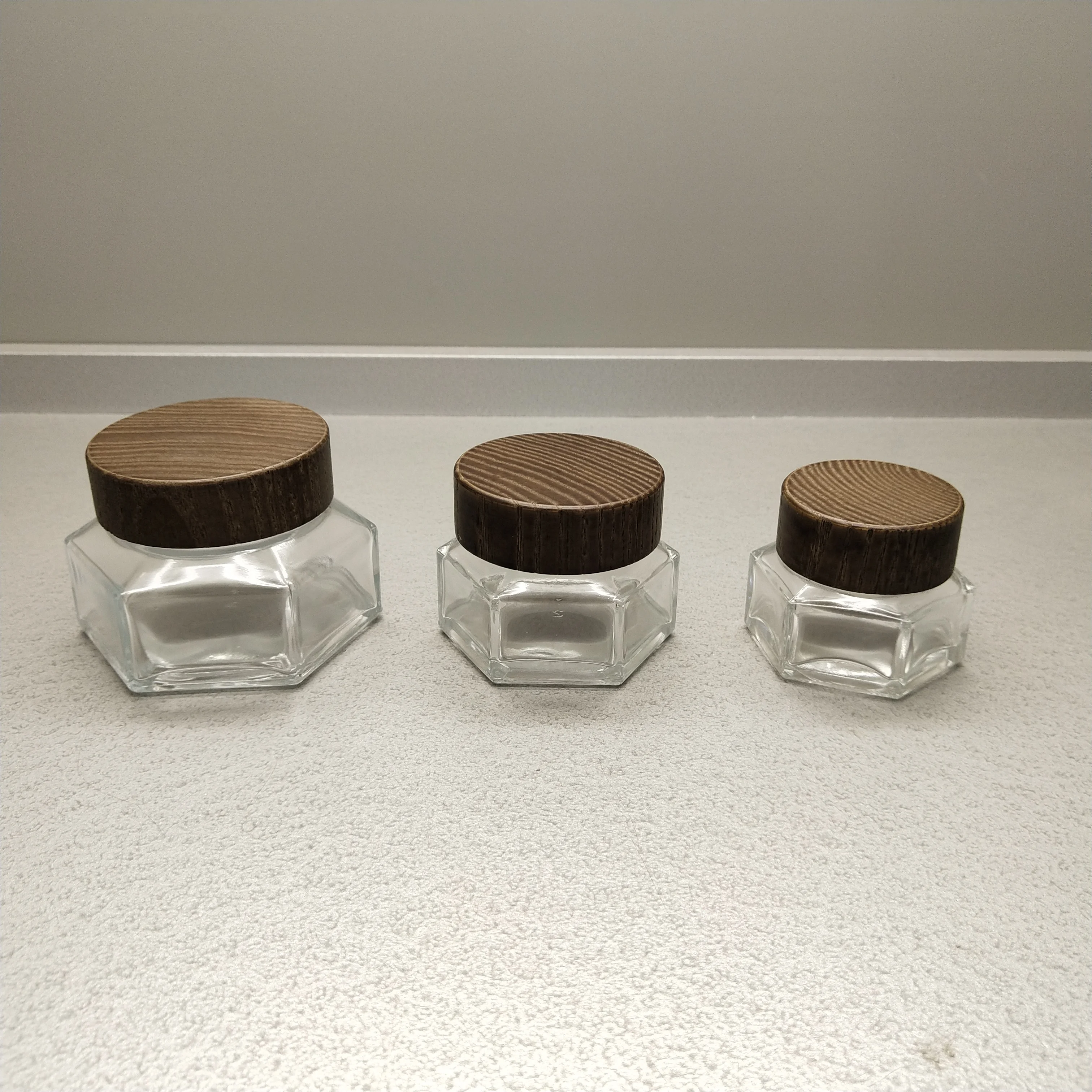 100ml face cosmetic jar with ASH brown wooden lid Hexagonal glass cream jar