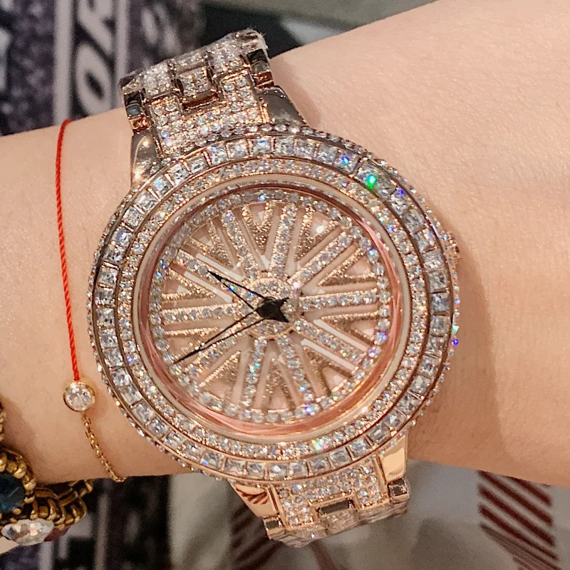 Luxury Full Diamond Iced Out Ladies Quartz Wristwatch High Quality Rose Gold Plating Quartz Watches For Women