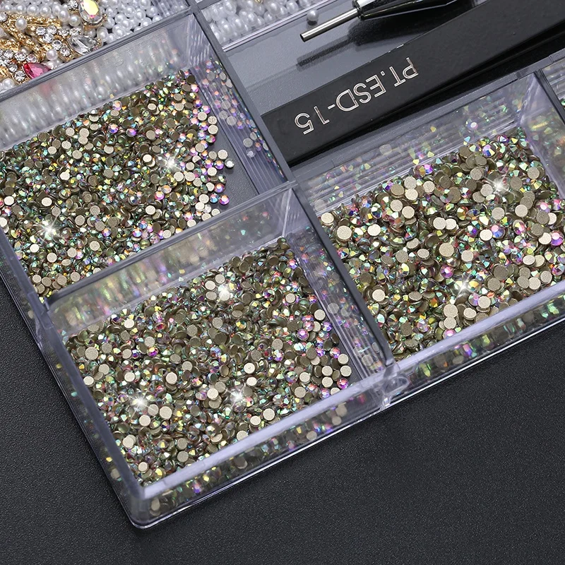 Wholesale Crystal Nails Various Alloy Charms Transfer Foil Decoration AB Flat Back Non Hot Fix Glass Rhinestones Nail Art