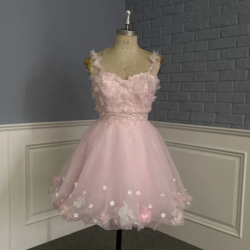 Pink 3 Pieces Prom Gown Thin Straps 3D Floral Short Long Changeable Quinceanera Prom Dress