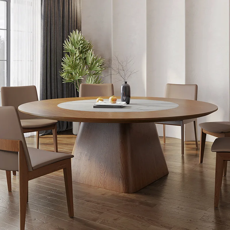 Sintered Stone Slab Dining Table Household Solid Wood Walnut Ribbon Embedded In Rotary Round Table Northern Europe Large Table