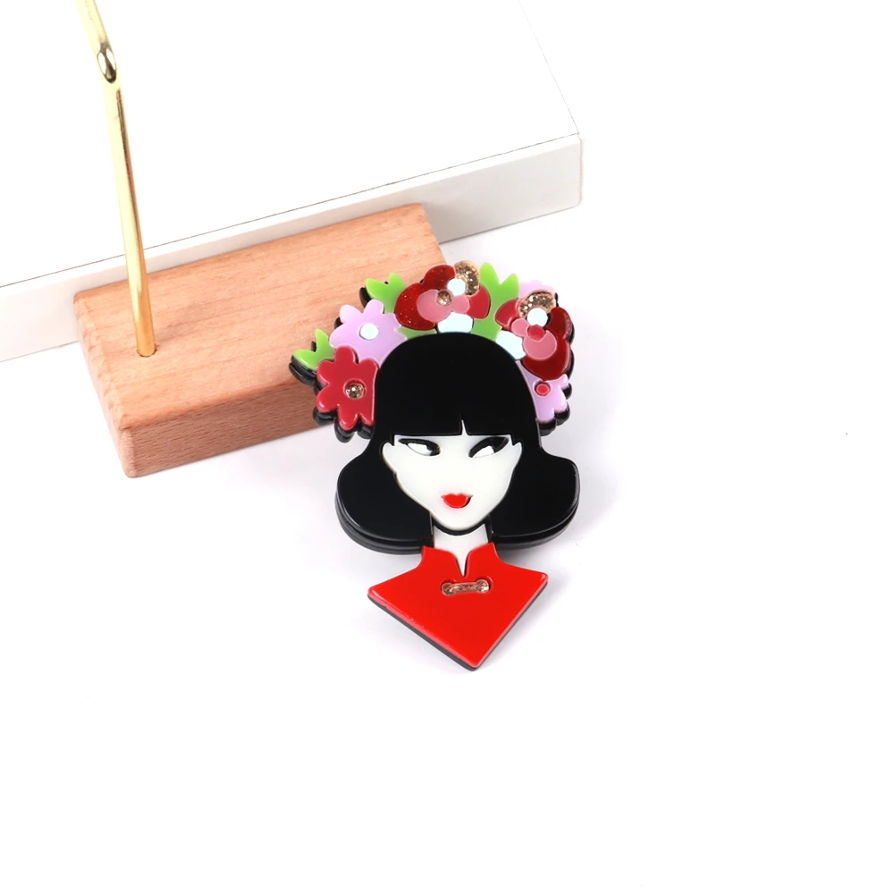 Creative Japanese geisha garland Chinese girl red cheongsam sequin acrylic brooch for women