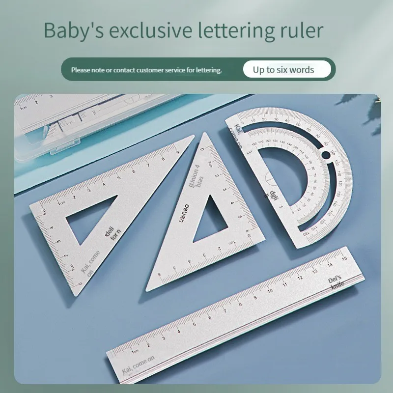 Deli 65216 Color metal ruler for students four-piece ruler multifunctional protractor aluminum geometric drawing High qualityrul