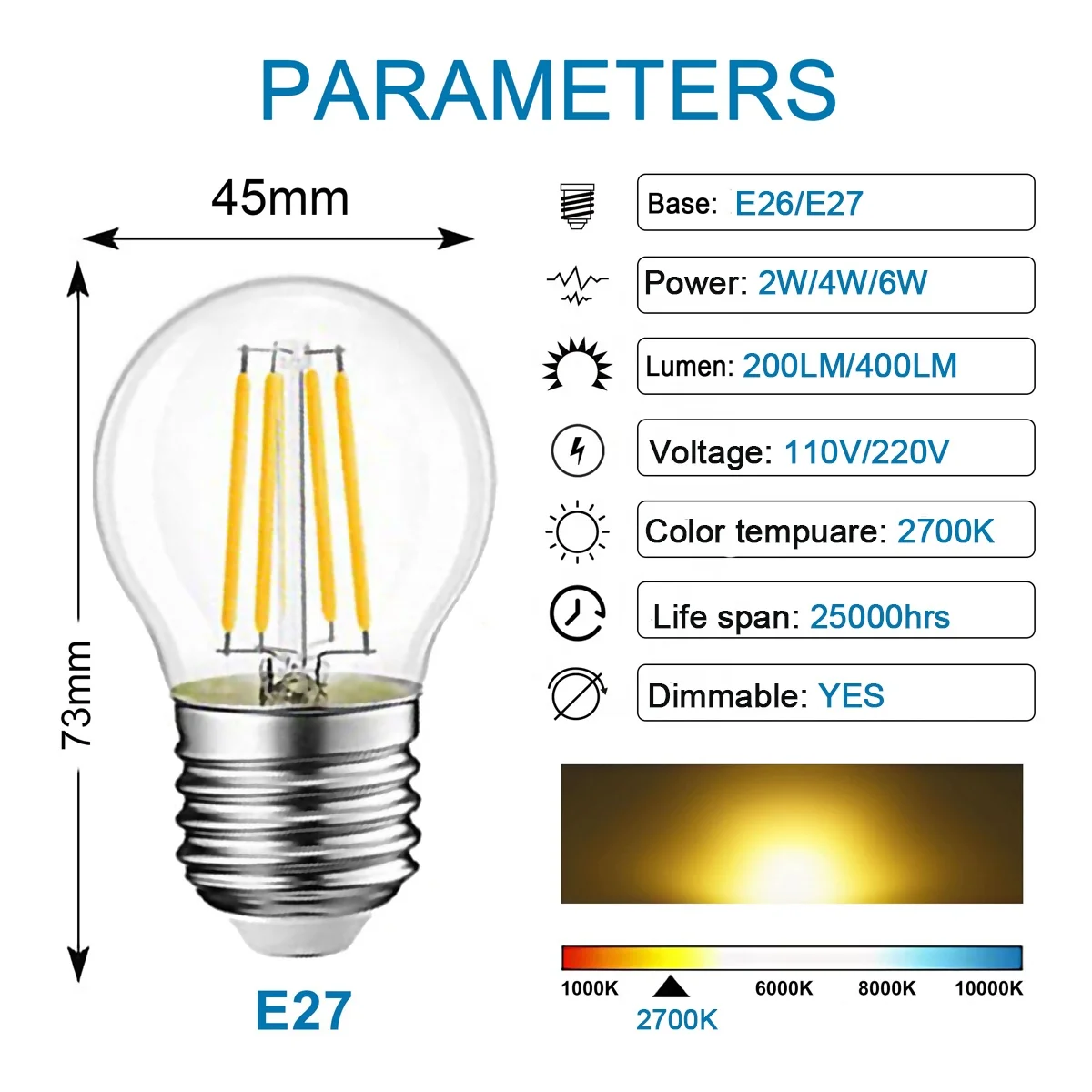 2023 G45 LED filament edison bulb E26 E27 Base 4w 5W 6w industrial decorate bulb vintage led filament light bulb