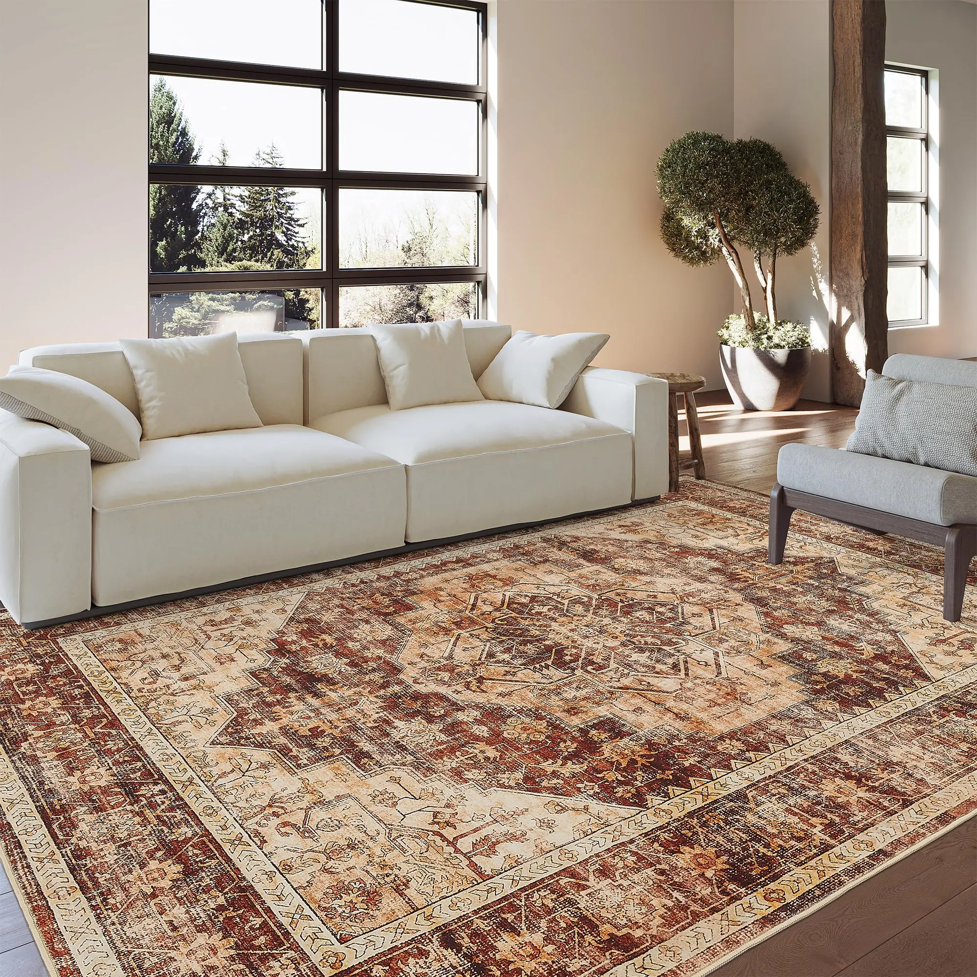 Area Rug, Super Soft Ultra-Thin Moroccan Washable, Anti-Slip Backing Rugs for Living Room, Foldable Machine Washable Carpet