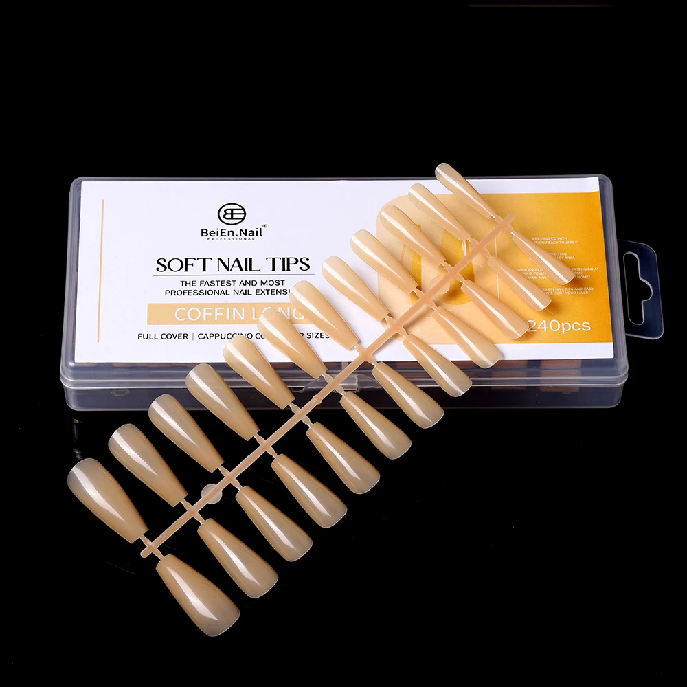 BeiEn Customized Milk Tea Colored Coffin Long Gel-X Private Label Logo Natural 240PCS/Box Acrylic Fake Nail Tip Press on