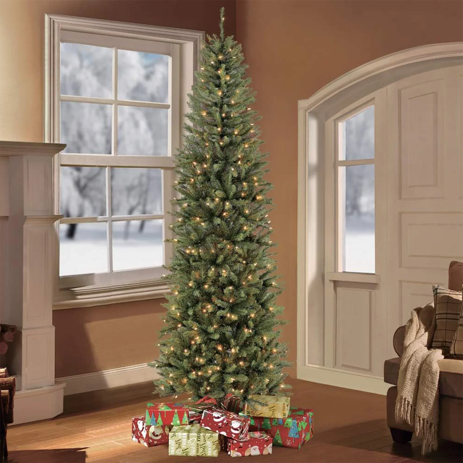 7.5 Foot Pre-Lit Fraser Fir Pencil Artificial Christmas Tree with 350 UL Listed Clear Lights
