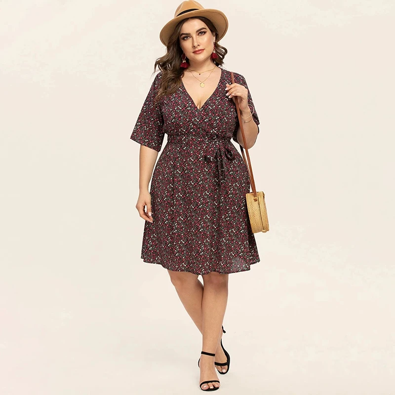 V-neck Long Skirt with Lantern Sleeves flora Printed plus size Dress
