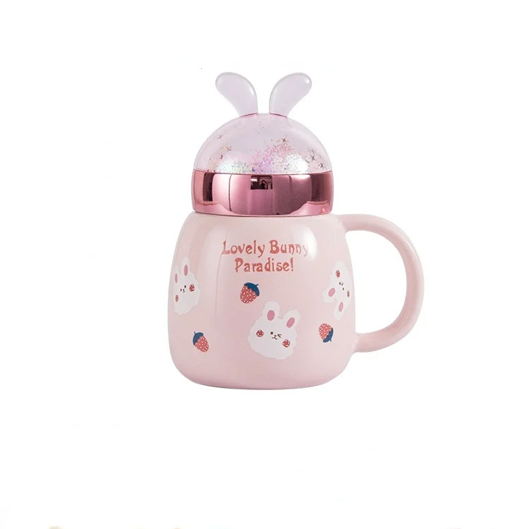 Modern Creative Cute 3D Rabbit Ears Cup Lid Home Office Ceramic Mug with Spoon