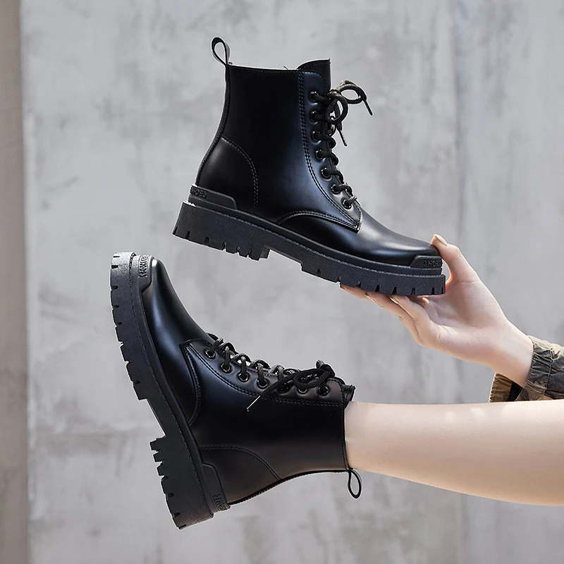 
Drop Shipping Hot selling factory price Fashion Ankle Boots Chunky Heel Lace-up Black Boots boots for women shoes 