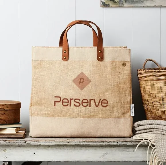 Custom Jute Eco Friendly Jute bag Shopping Tote Bag With Leather Handle Burlap Jute Shoulder Bag Tag