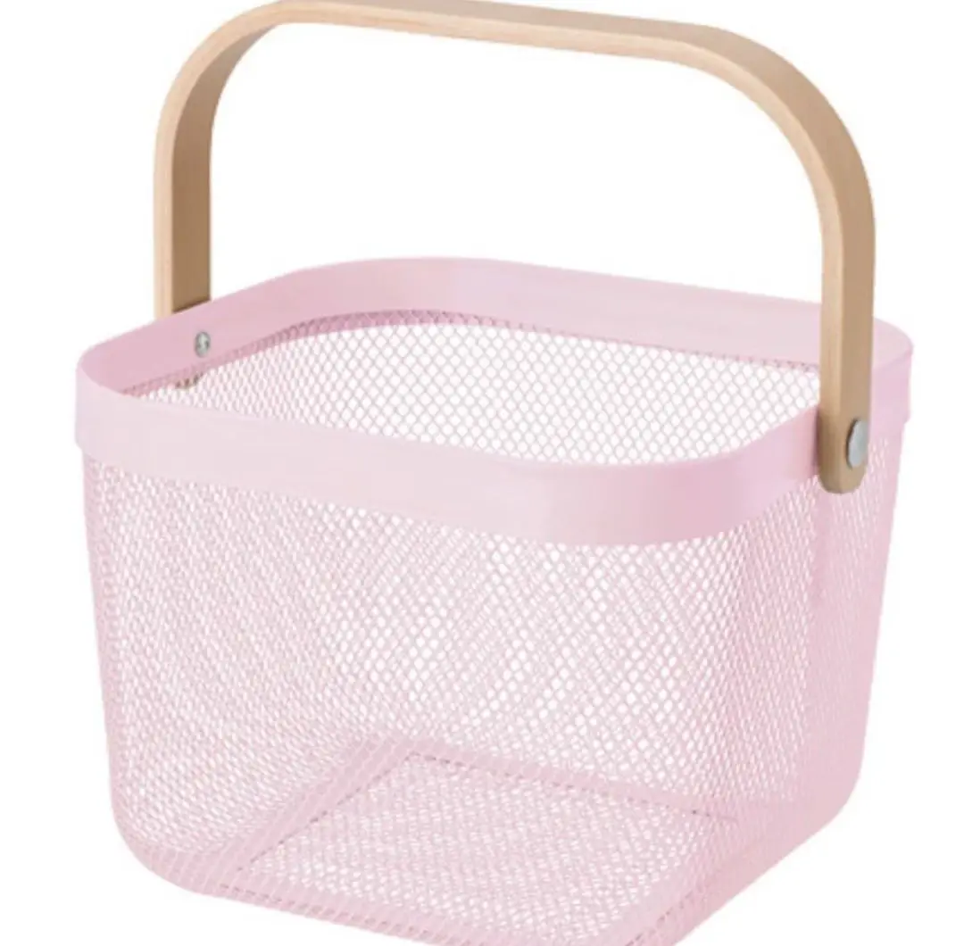 Wooden handle small basket desktop storage basket fruit basket iron