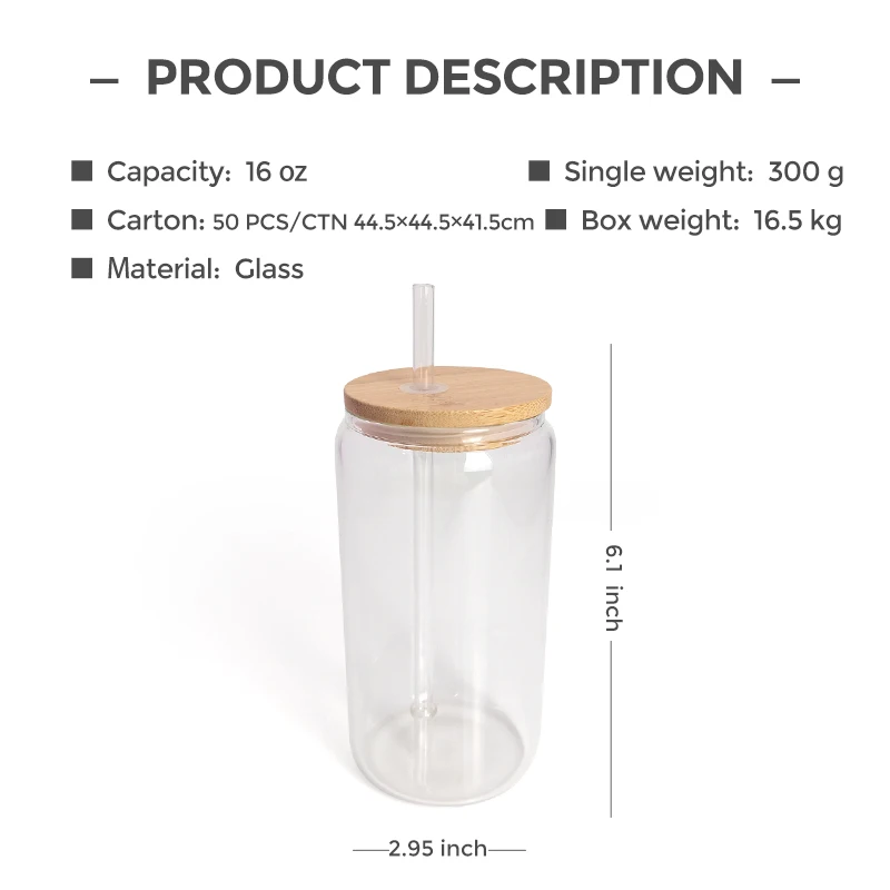 Sublimation Borosilicate glass tumbler With Bamboo Lid Frosted Clear Beer Can Sublimation Glass Mason Jar Beer Can Glass