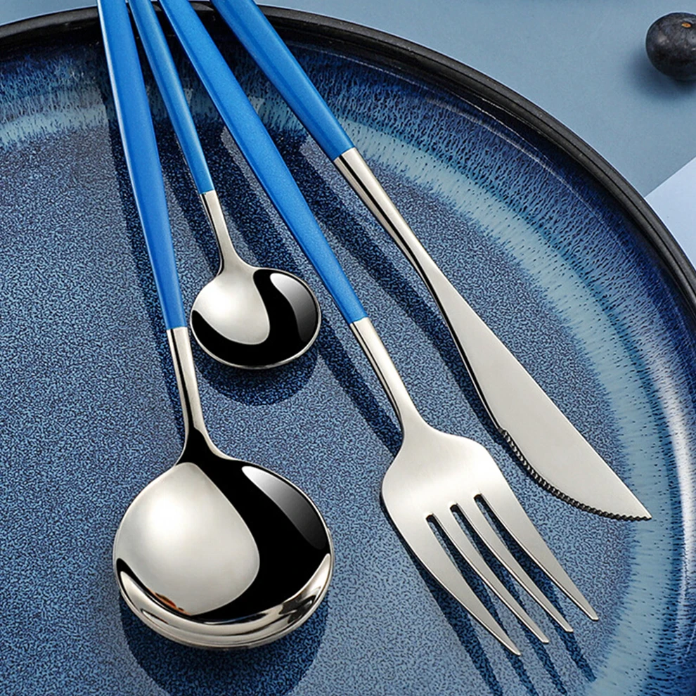 Nordic Blue Painted Round Shape Handle Stainless Steel 304 Matte Cutlery Silverware Flatware Set For Restaurant Hotel Wedding