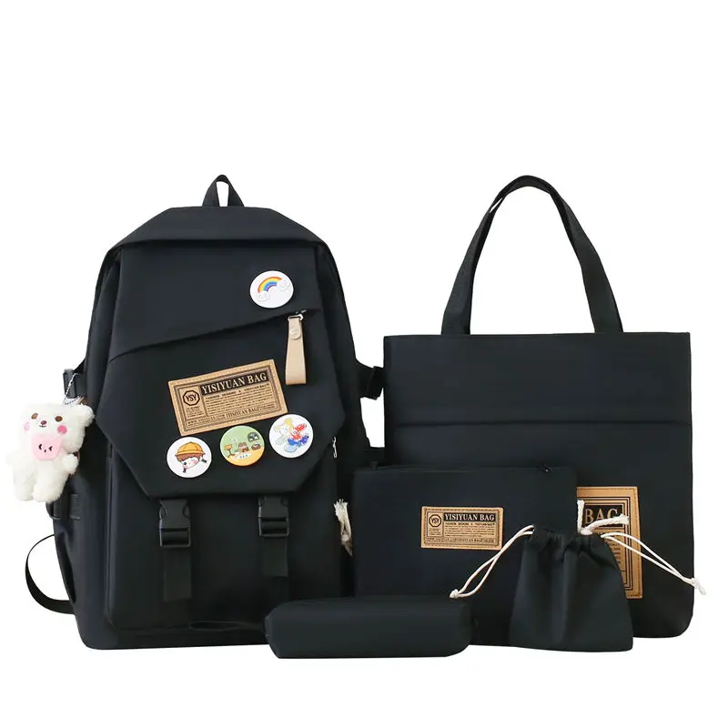 ODM New Arrival 5 In 1 Fashion Canvas College Student School Laptop Book Bag With Lunch Cooler Bag Pencil Cases Purse
