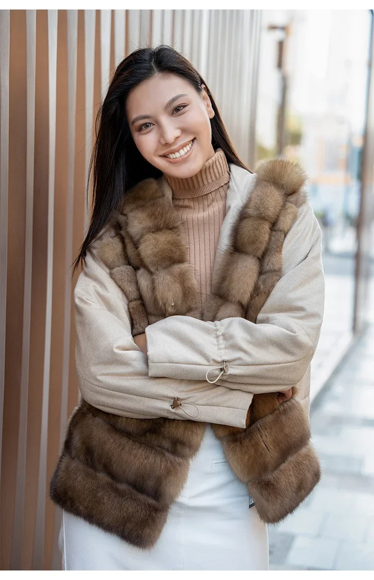 Wholesale Custom Real Russian Sable With Cashmere Classic Natural Color Hooded Short Fur Coat For Women