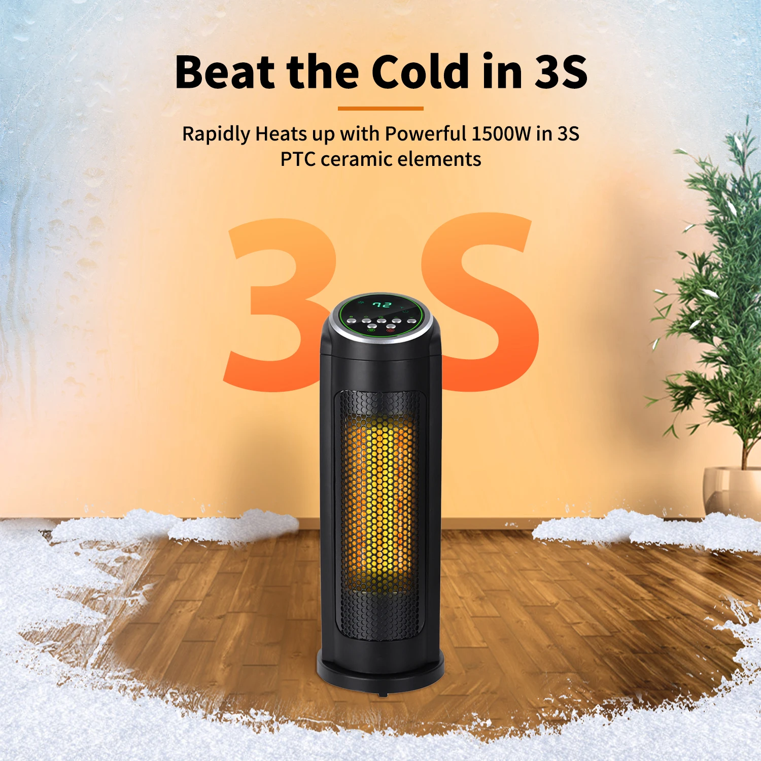 1000w 1500w PTC Two Settings Household Indoor Home Office Warming Ceramic Digital Freestanding Electric Space Tower Heater