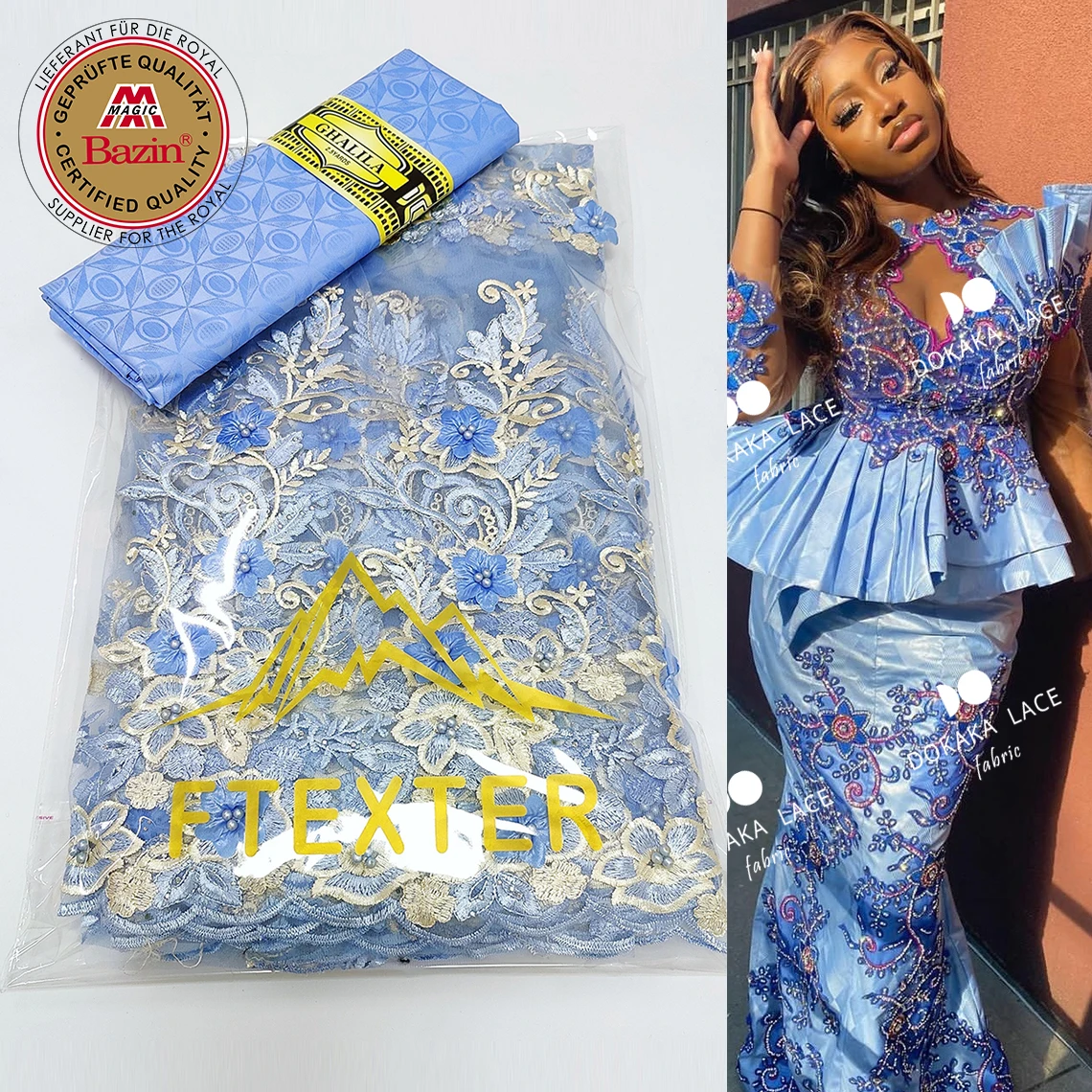 2021 Top Quality Ankara Bazin Riche Fabric And Embroidery Net Lace With Beads Elegant Nigerian Wedding Evening Gowns Net Laces