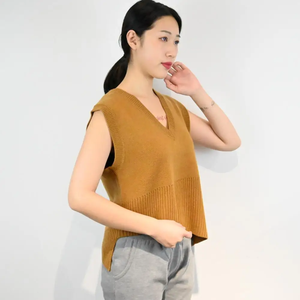 Woolen Custom Winter Knit Vest Sweater Women V Neck Irregular Bottom Designed Sexy Sleeveless Sweater Vest