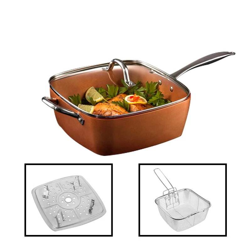 Customized size printing logo Wok 4 Set Frying Pan Copper non-stick pan  Double bottom Flat bottom 24cmSquare Pot